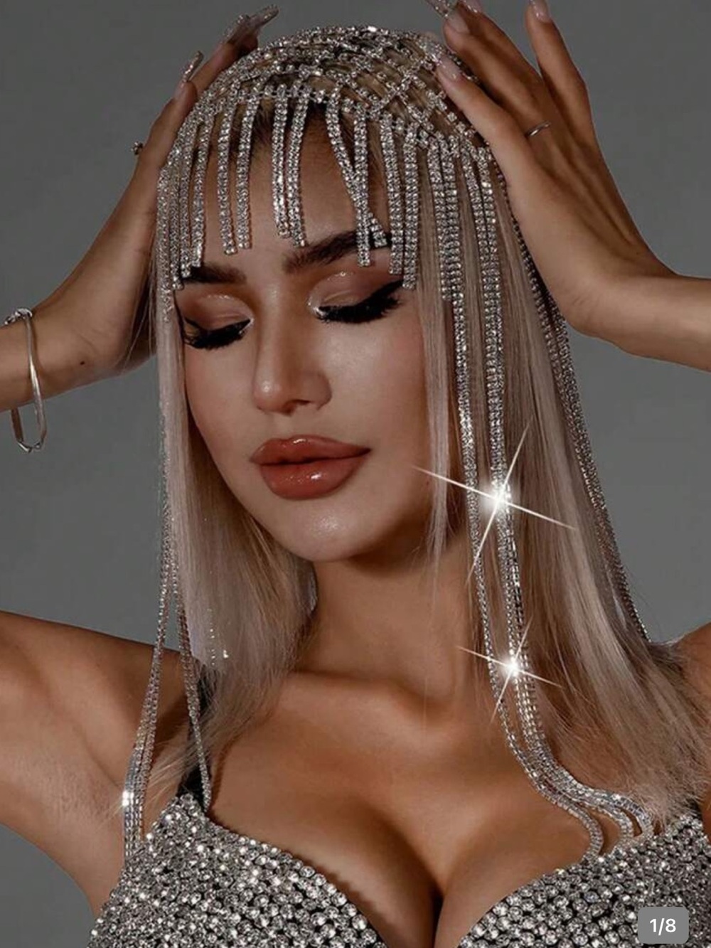 Crystal Fringe Headpiece and Bra Set - Silver